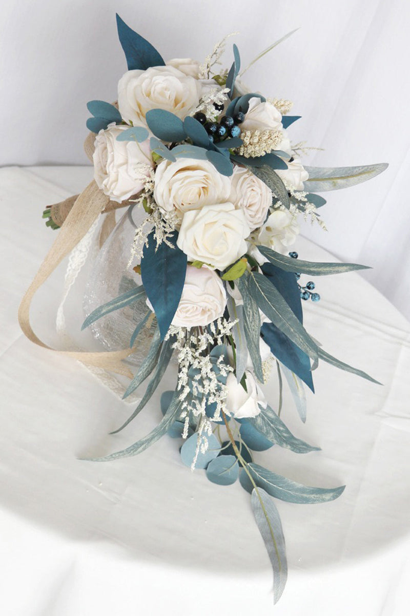 Load image into Gallery viewer, Hand Holding White and Blue Bridal Bouquet