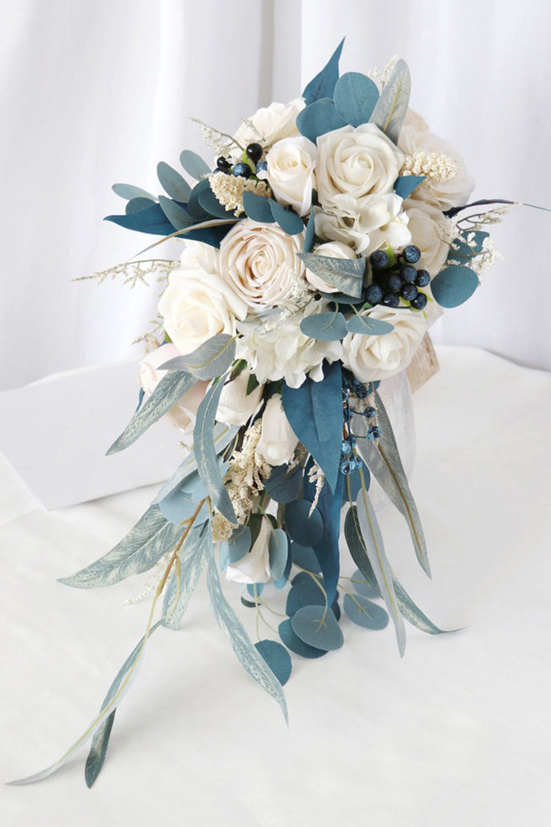 Load image into Gallery viewer, Hand Holding White and Blue Bridal Bouquet