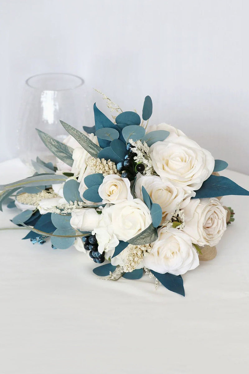 Load image into Gallery viewer, Hand Holding White and Blue Bridal Bouquet