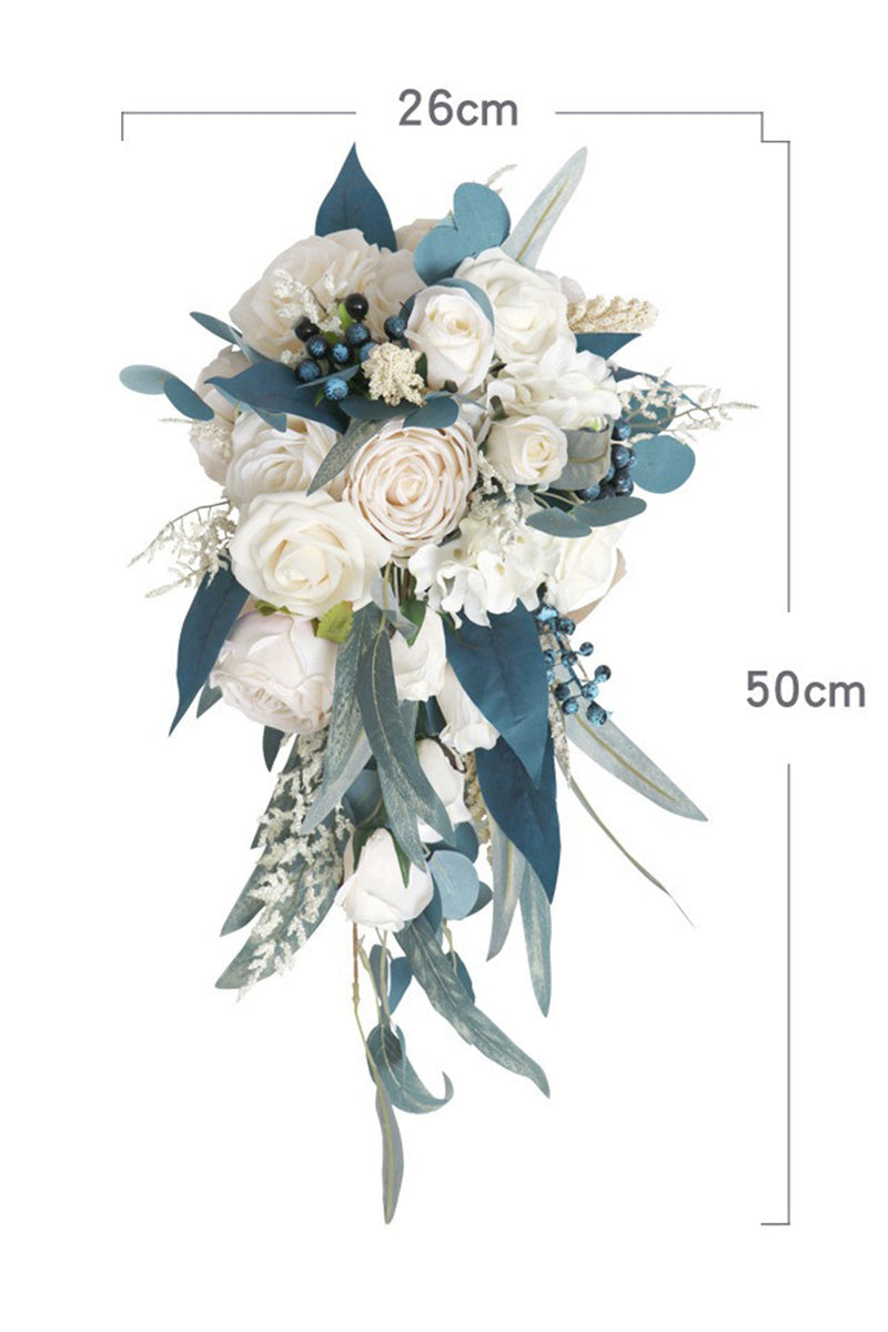 Load image into Gallery viewer, Hand Holding White and Blue Bridal Bouquet