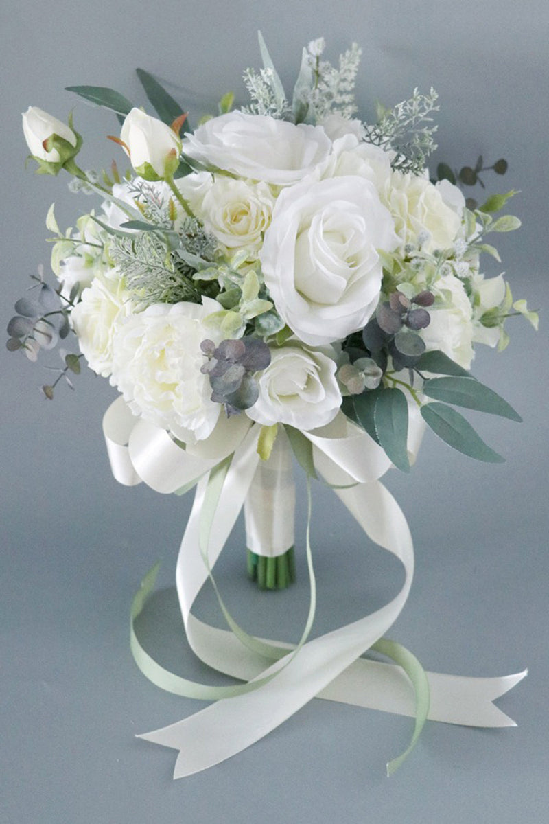 Load image into Gallery viewer, Hand Holding Flower White Bridal Bouquet with Bow