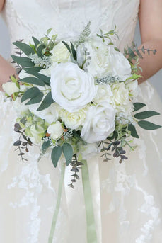 Hand Holding Flower White Bridal Bouquet with Bow