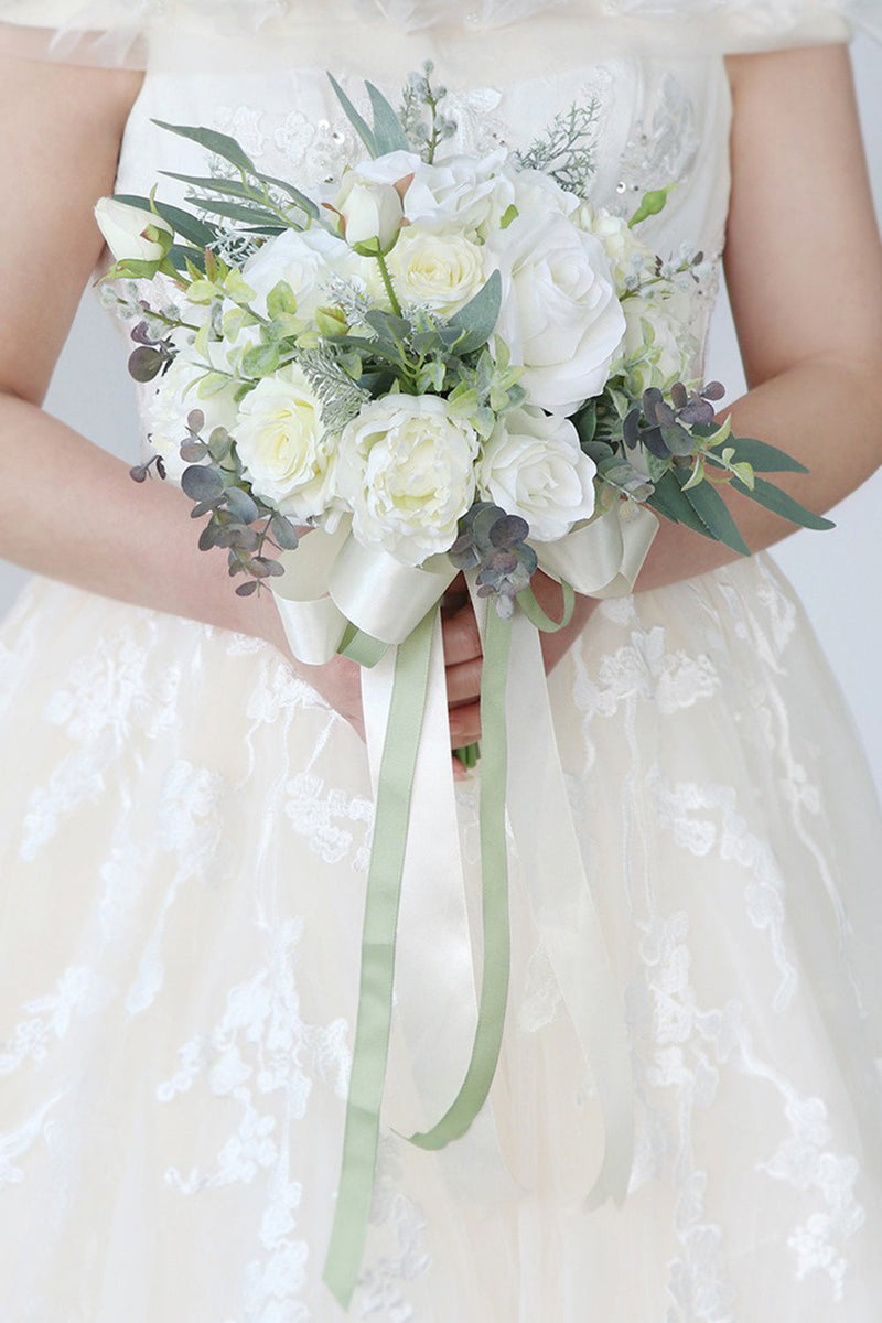 Load image into Gallery viewer, Hand Holding Flower White Bridal Bouquet with Bow
