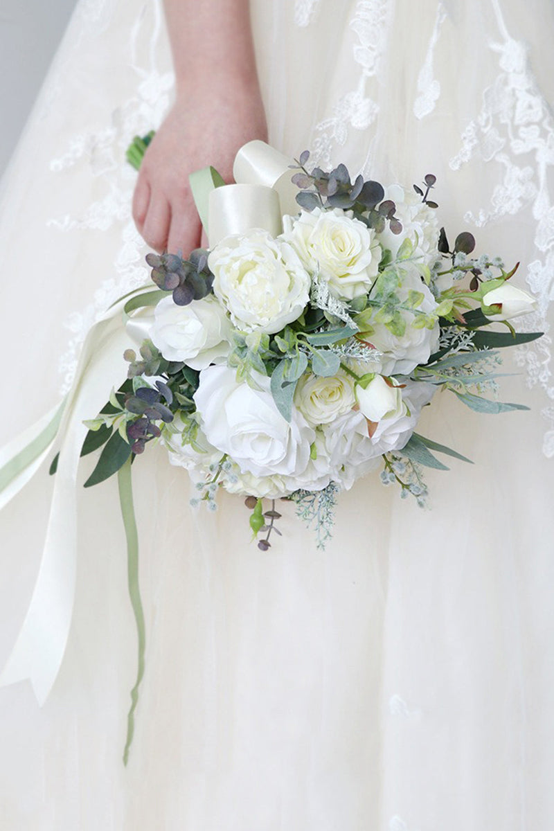 Load image into Gallery viewer, Hand Holding Flower White Bridal Bouquet with Bow