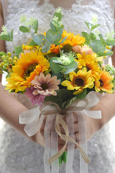 Hand Holding Yellow Bridal Bouquet with Bow