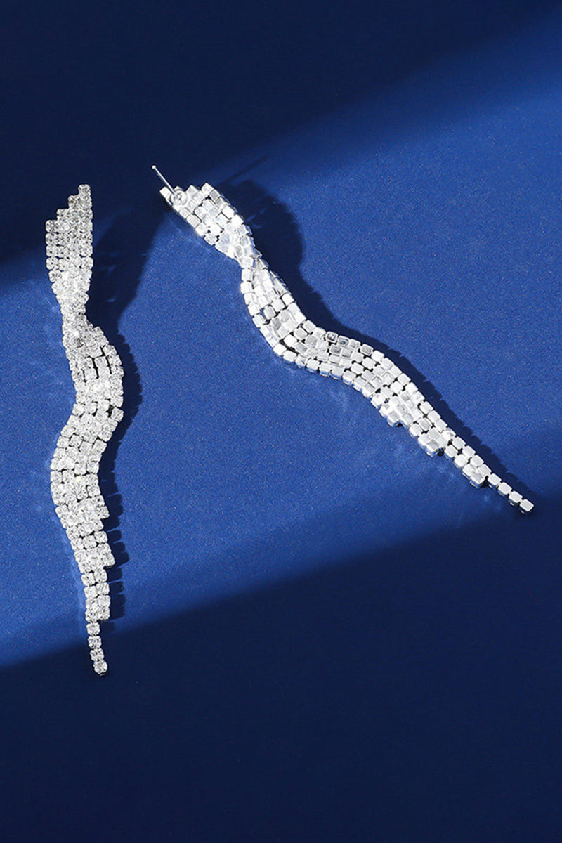 Load image into Gallery viewer, Sparkly Silver Wave Shaped Long Prom Drop Earrings with Rhinestones