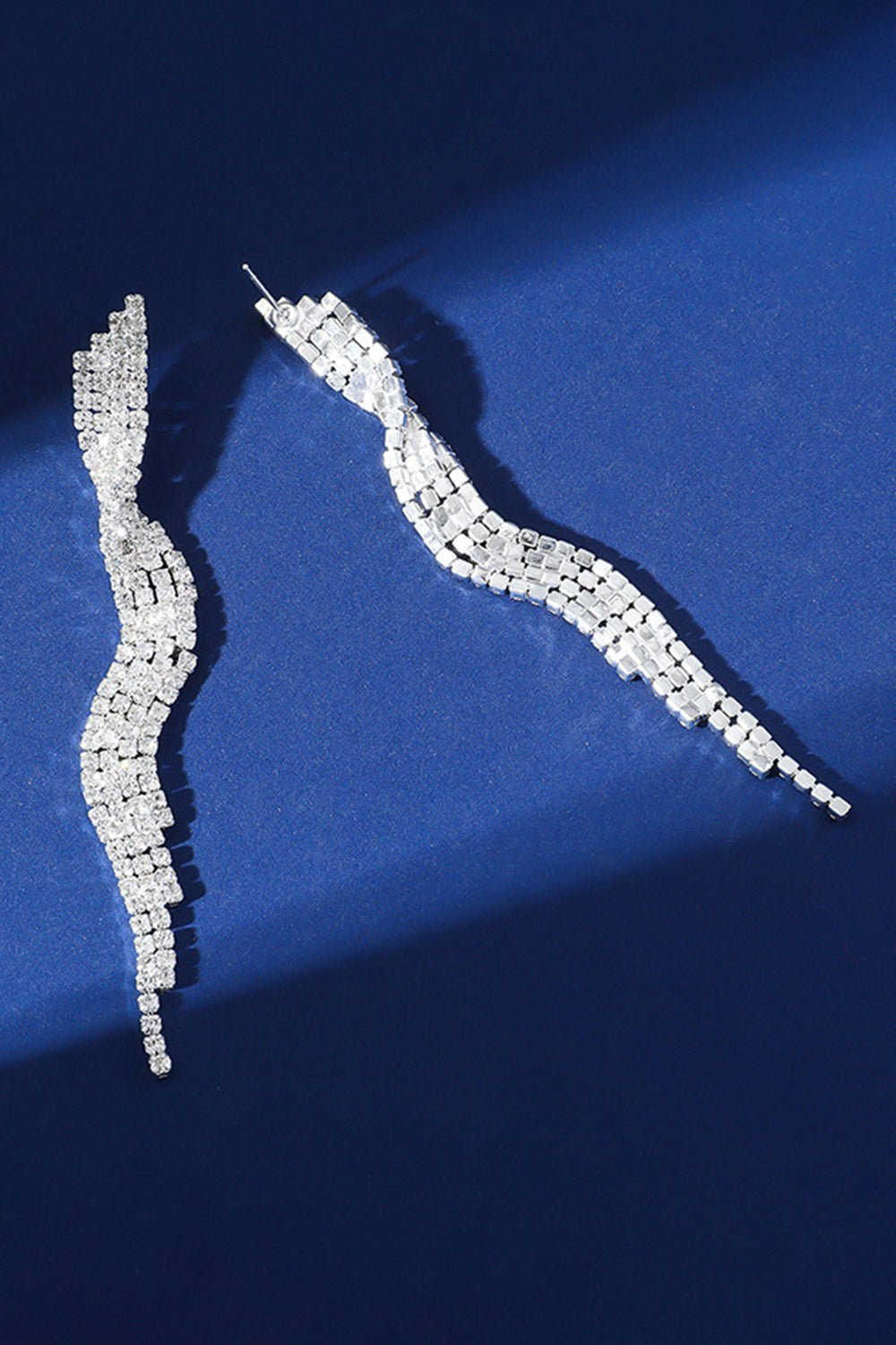 Sparkly Silver Wave Shaped Long Prom Drop Earrings with Rhinestones