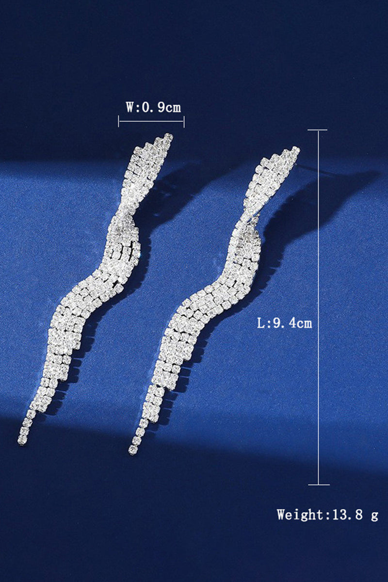 Load image into Gallery viewer, Sparkly Silver Wave Shaped Long Prom Drop Earrings with Rhinestones