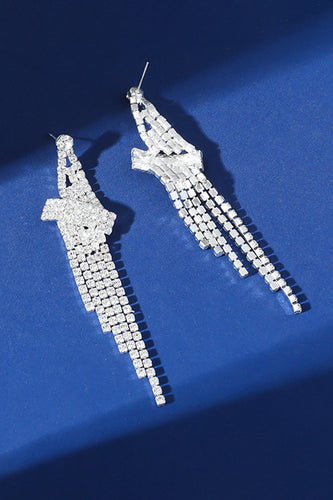 Sparkly Silver Party Drop Fringed Earrings with Rhinestones