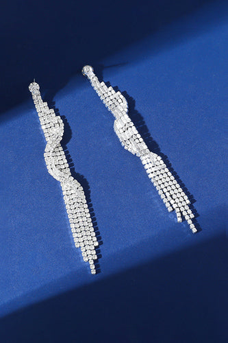 Sparkly Fringed Silver Long Prom Drop Earrings with Rhinestones