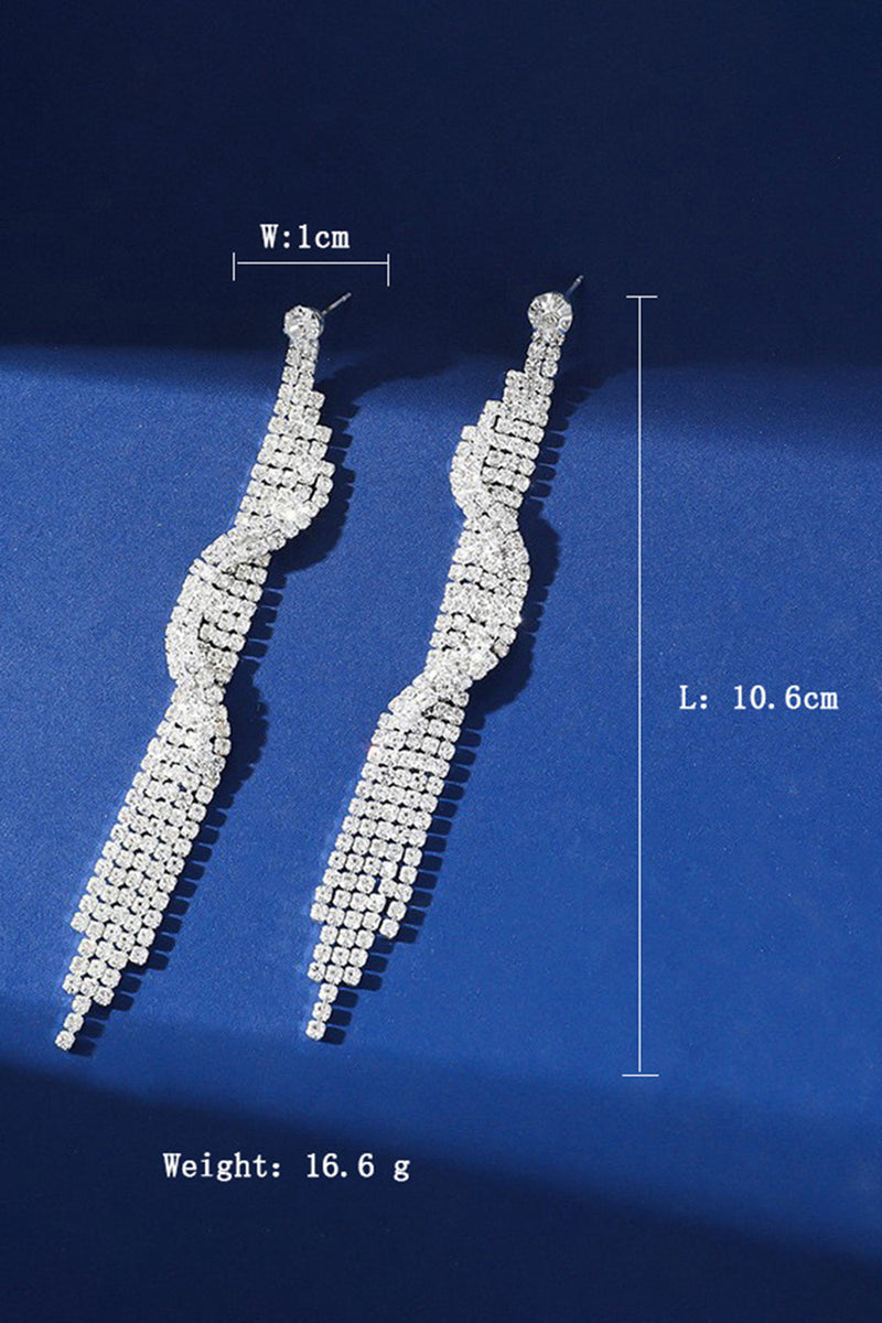 Load image into Gallery viewer, Sparkly Fringed Silver Long Prom Drop Earrings with Rhinestones