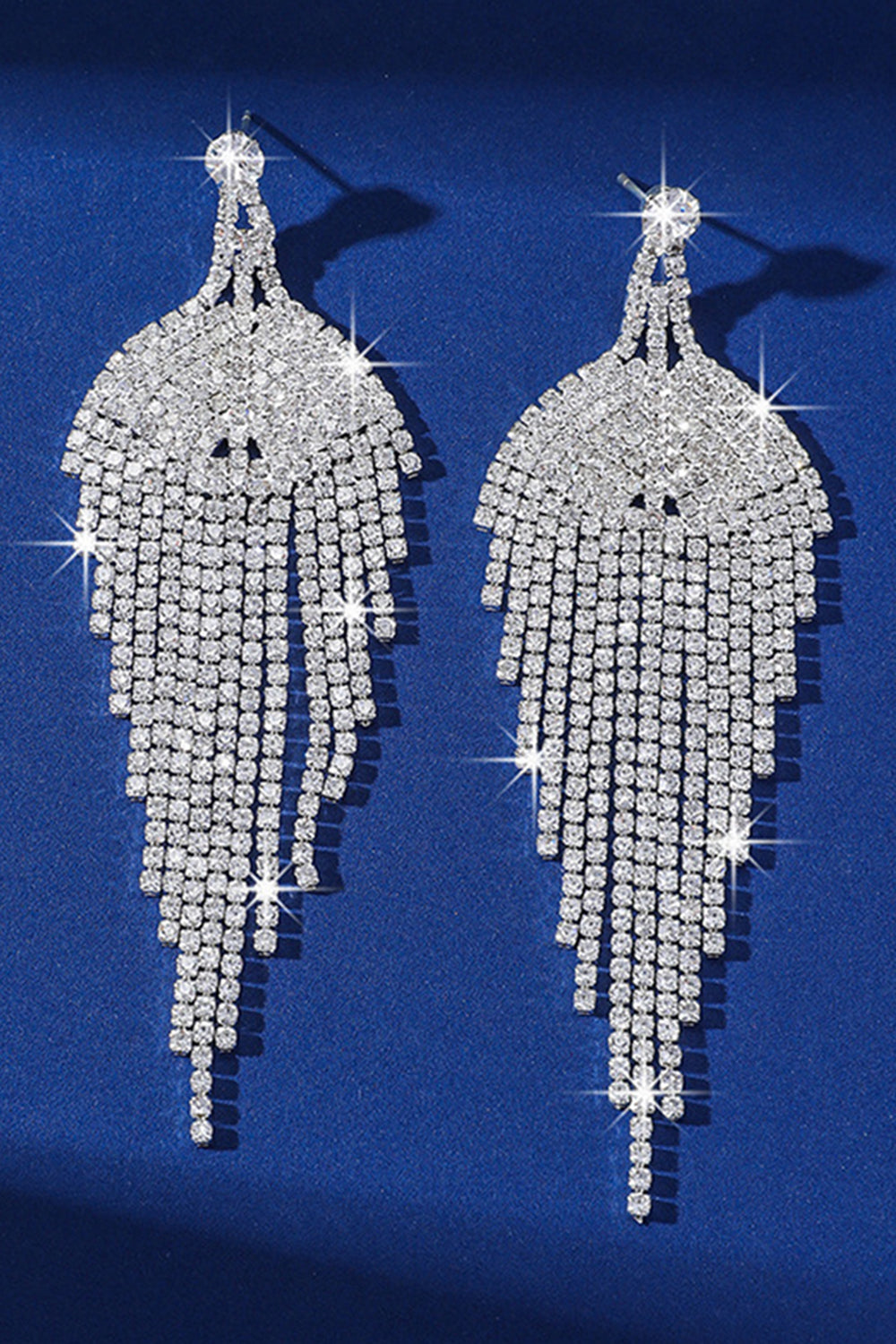Sparkly Silver Fringed Prom Teardrop Drop Earrings with Rhinestones
