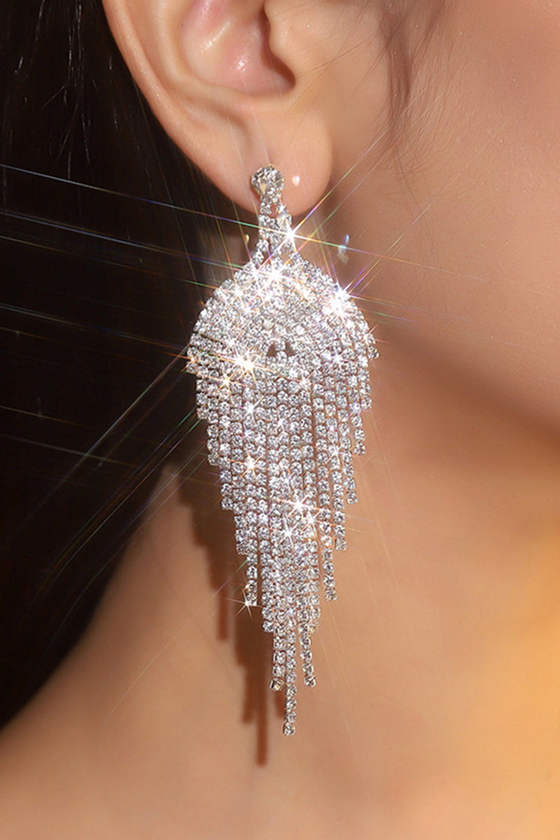 Load image into Gallery viewer, Sparkly Silver Fringed Prom Teardrop Drop Earrings with Rhinestones