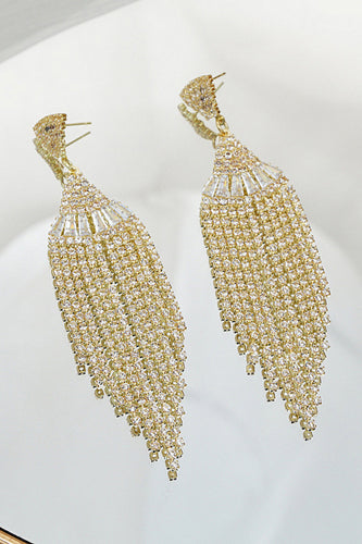 Sparkly Golden Party Drop Fringed Earrings with Rhinestones