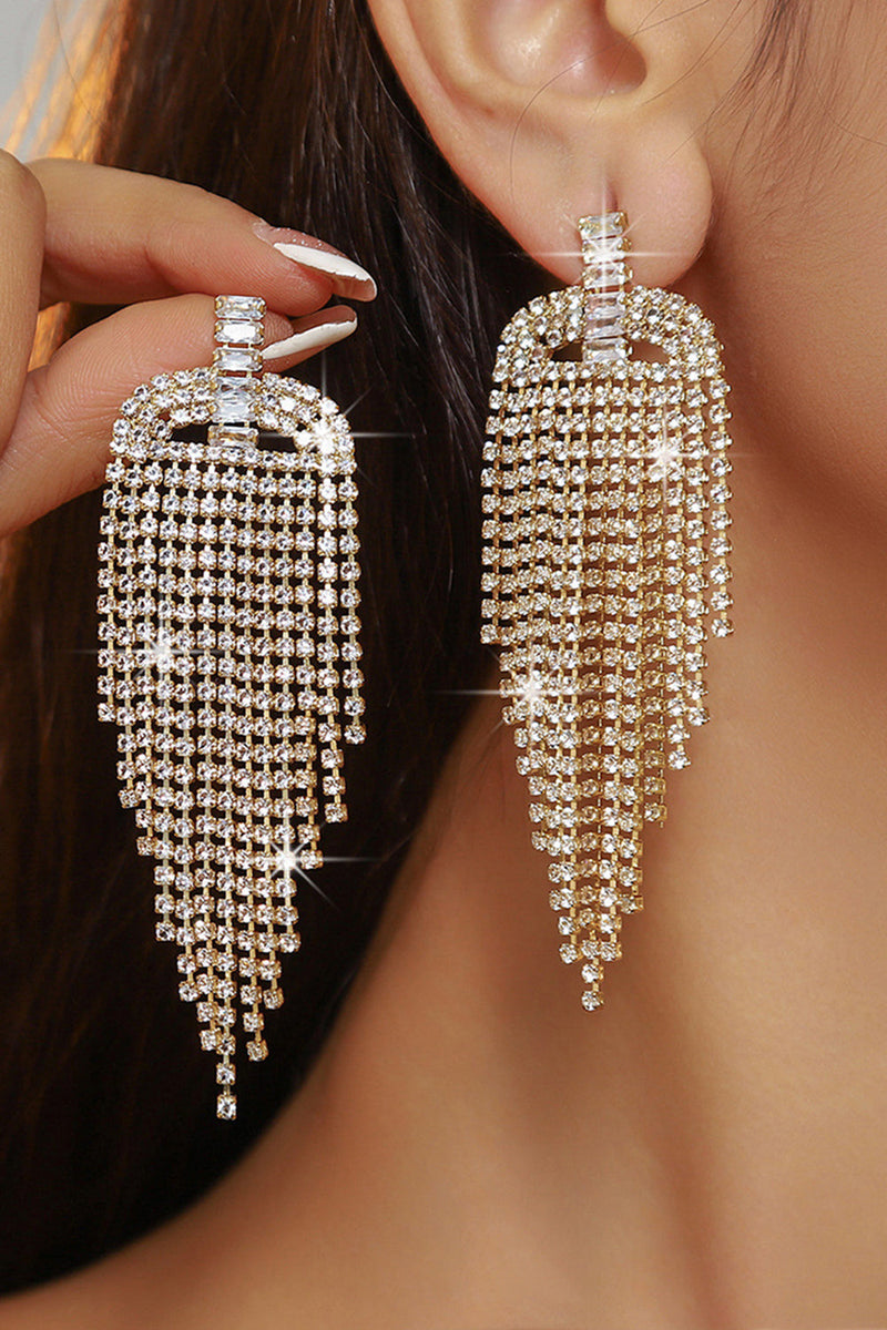 Load image into Gallery viewer, Sparkly Fringed Golden Fashion Prom Drop Earrings with Rhinestones