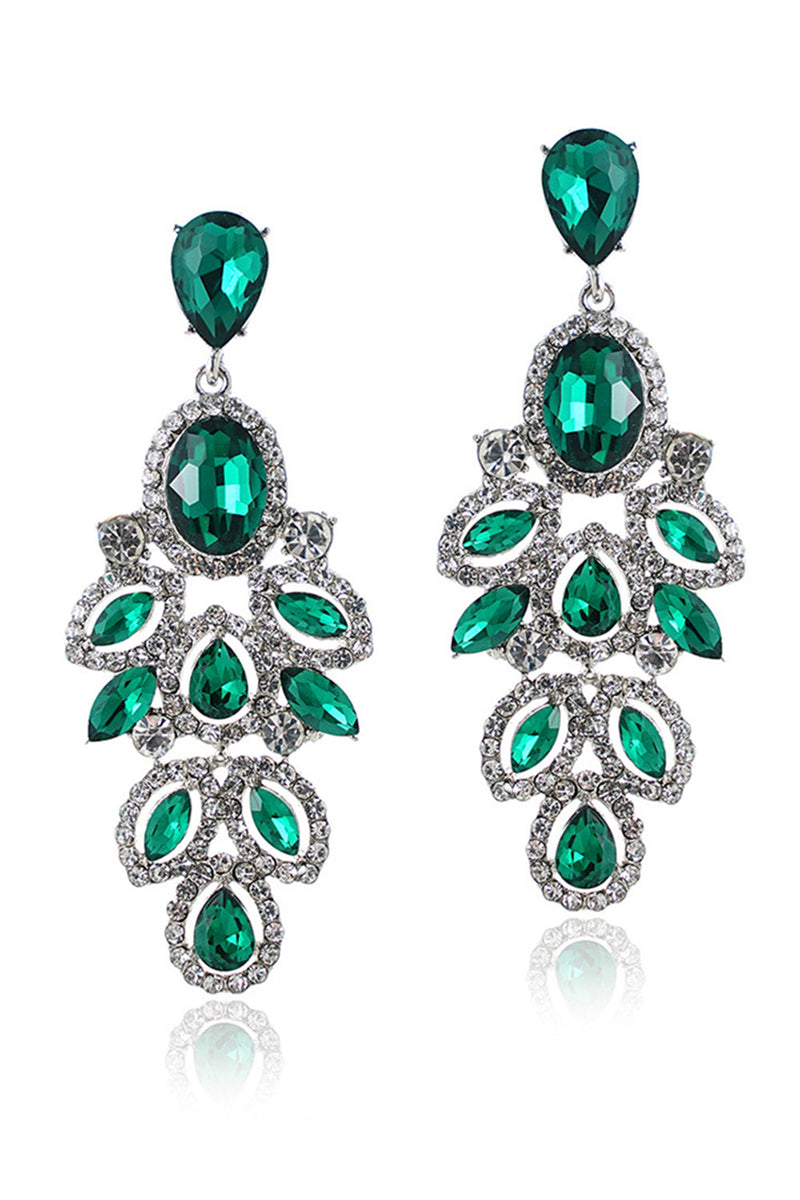 Load image into Gallery viewer, Sparkly Leaf Shaped Dark Green Prom Drop Earrings with Rhinestones