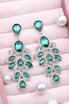 Sparkly Leaf Shaped Dark Green Prom Drop Earrings with Rhinestones