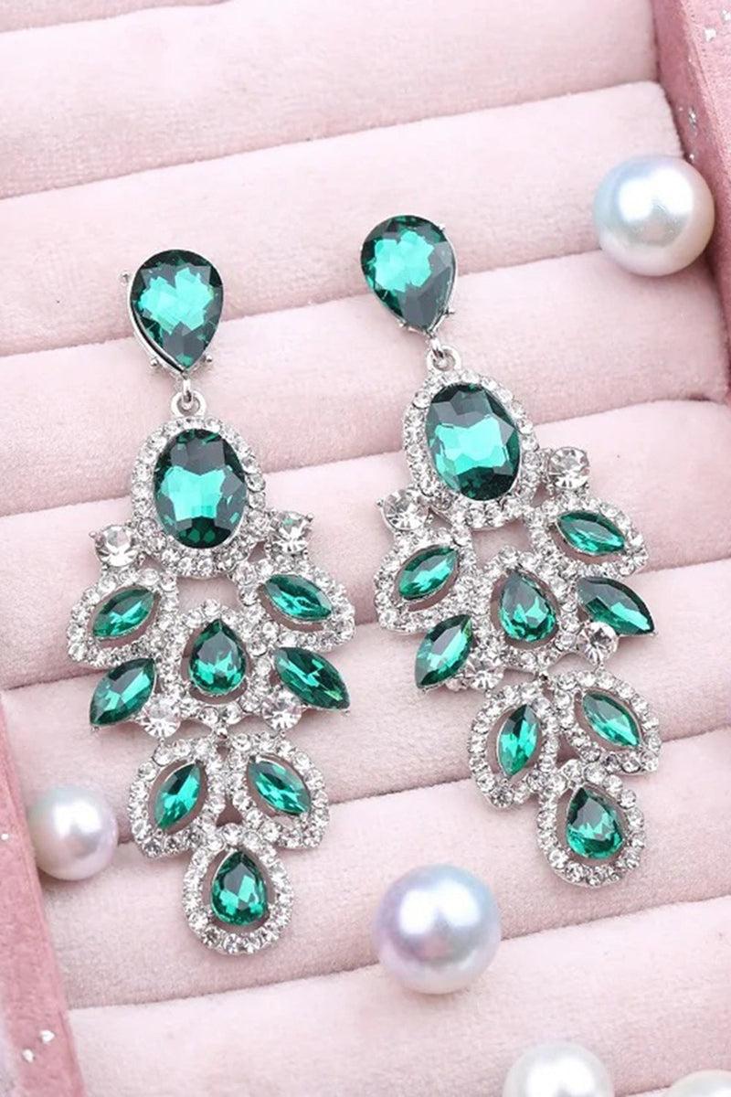 Load image into Gallery viewer, Sparkly Leaf Shaped Dark Green Prom Drop Earrings with Rhinestones