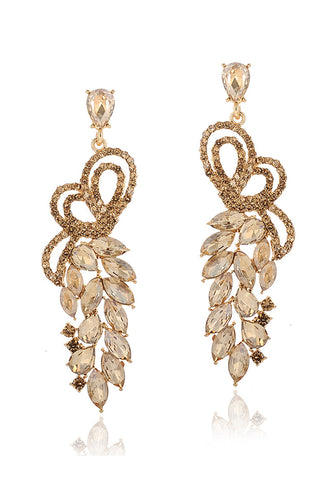 Sparkly Party Golden Leaf Shaped Drop Earrings with Rhinestones