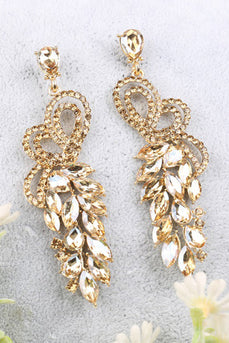 Sparkly Party Golden Leaf Shaped Drop Earrings with Rhinestones