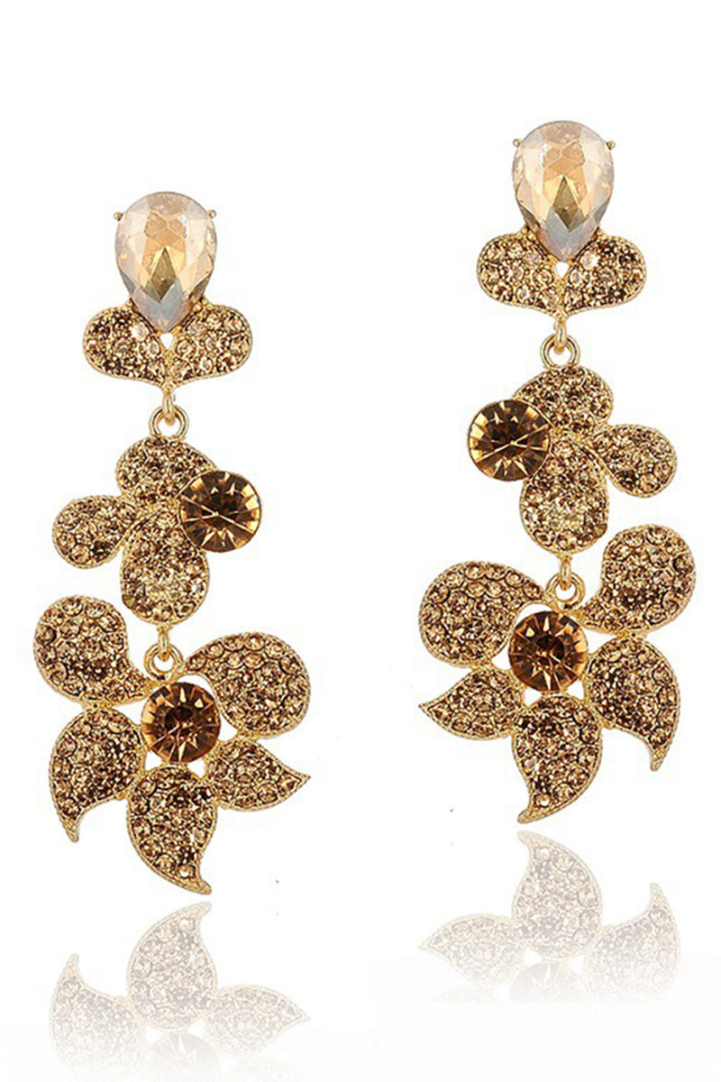 Load image into Gallery viewer, Golden Sparkly Flower Shaped Prom Drop Earrings with Rhinestones