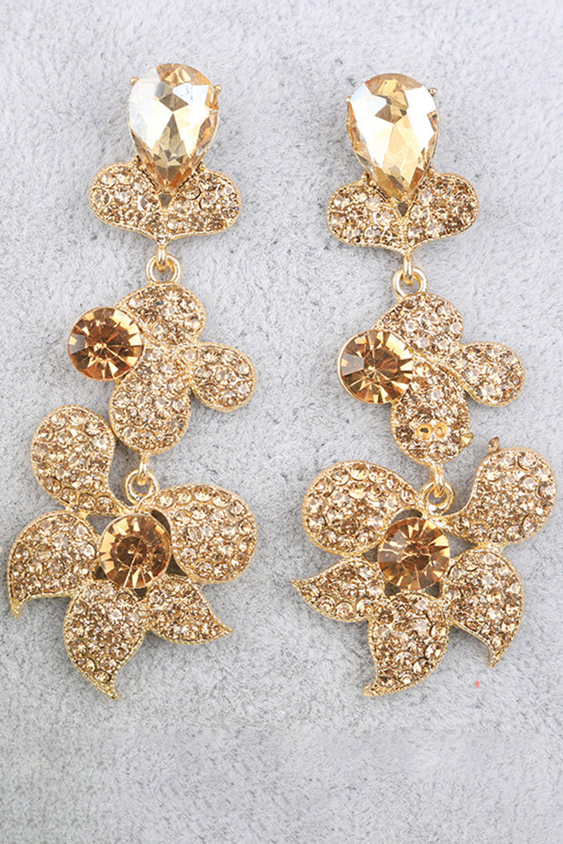 Load image into Gallery viewer, Golden Sparkly Flower Shaped Prom Drop Earrings with Rhinestones
