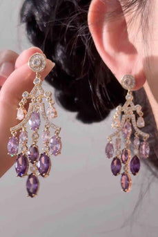Purple Sparkly Prom Leaf Shaped Drop Earrings with Rhinestones