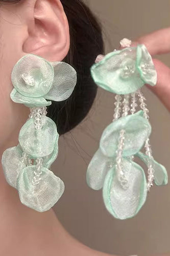 Light Green Sparkly Petal Layered Prom Dropping Earrings with Beading