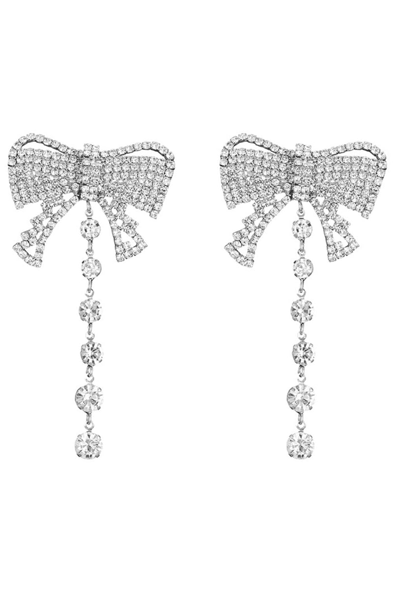 Load image into Gallery viewer, Silver Bow Sparkly Prom Drop Earrings with Rhinestones