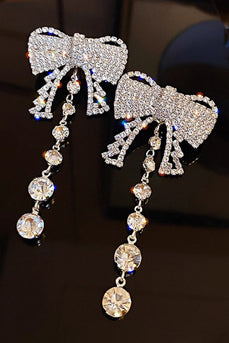 Silver Bow Sparkly Prom Drop Earrings with Rhinestones