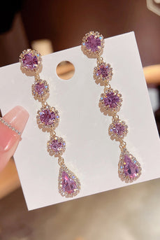 Purple Sparkly Long Prom Drop Earrings with Rhinestones