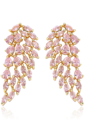 Pink Sparkly Leaf Shaped Prom Drop Earrings with Rhinestones