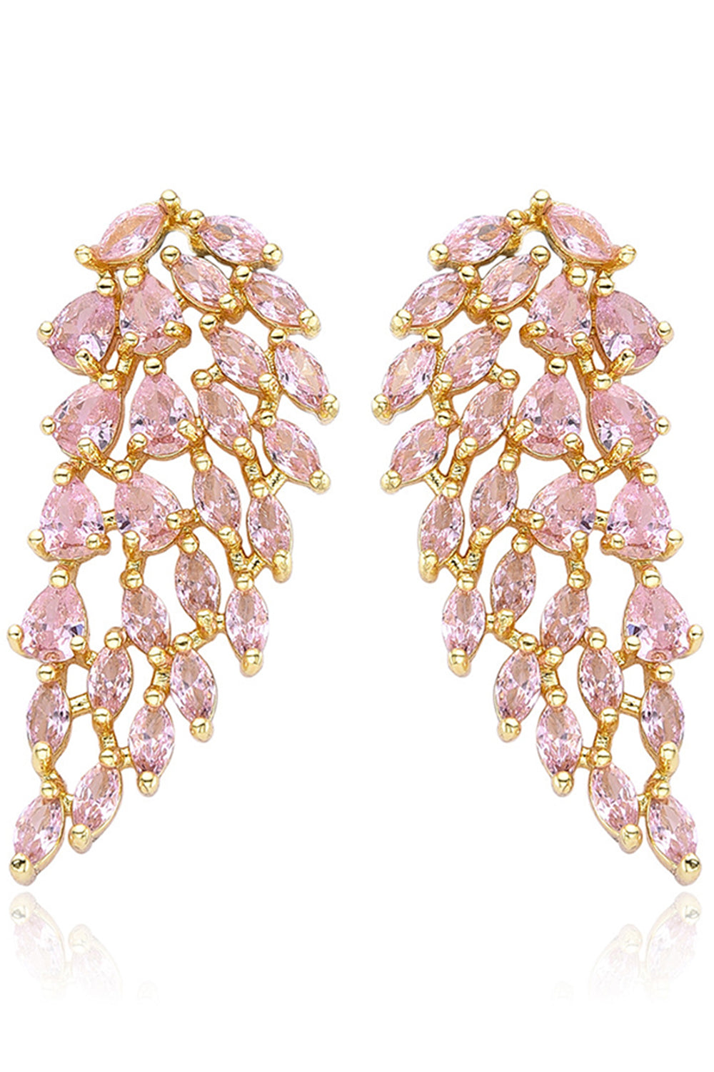 Pink Sparkly Leaf Shaped Prom Drop Earrings with Rhinestones