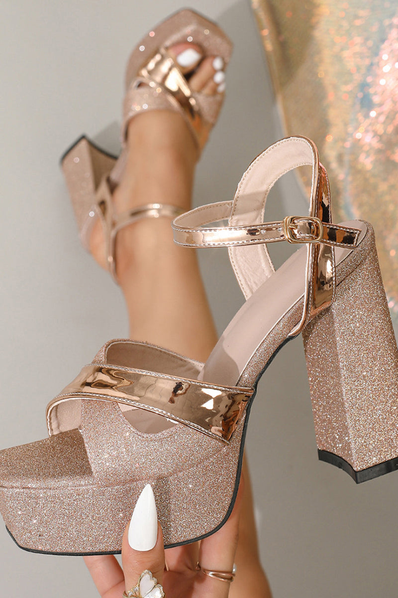 Load image into Gallery viewer, Chunky Rose Golden Open Toe Prom High Heels