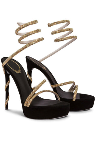 Sparkly Strappy Black Golden Prom High Heels with Rhinestones