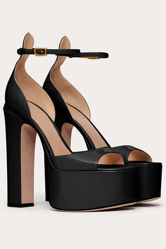 Chunky Black Open Toe Prom High Heels
