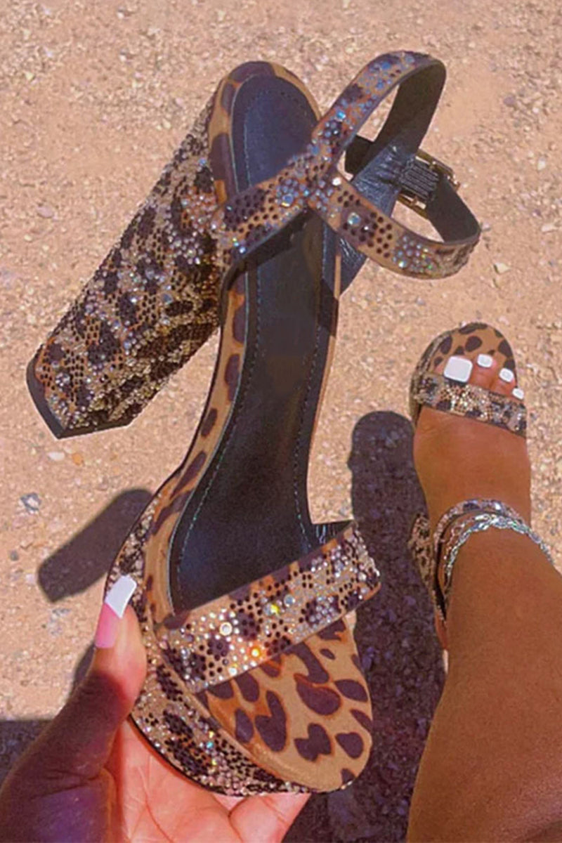 Load image into Gallery viewer, Sparkly Coffee Chunky Leopard Print Prom High Heels