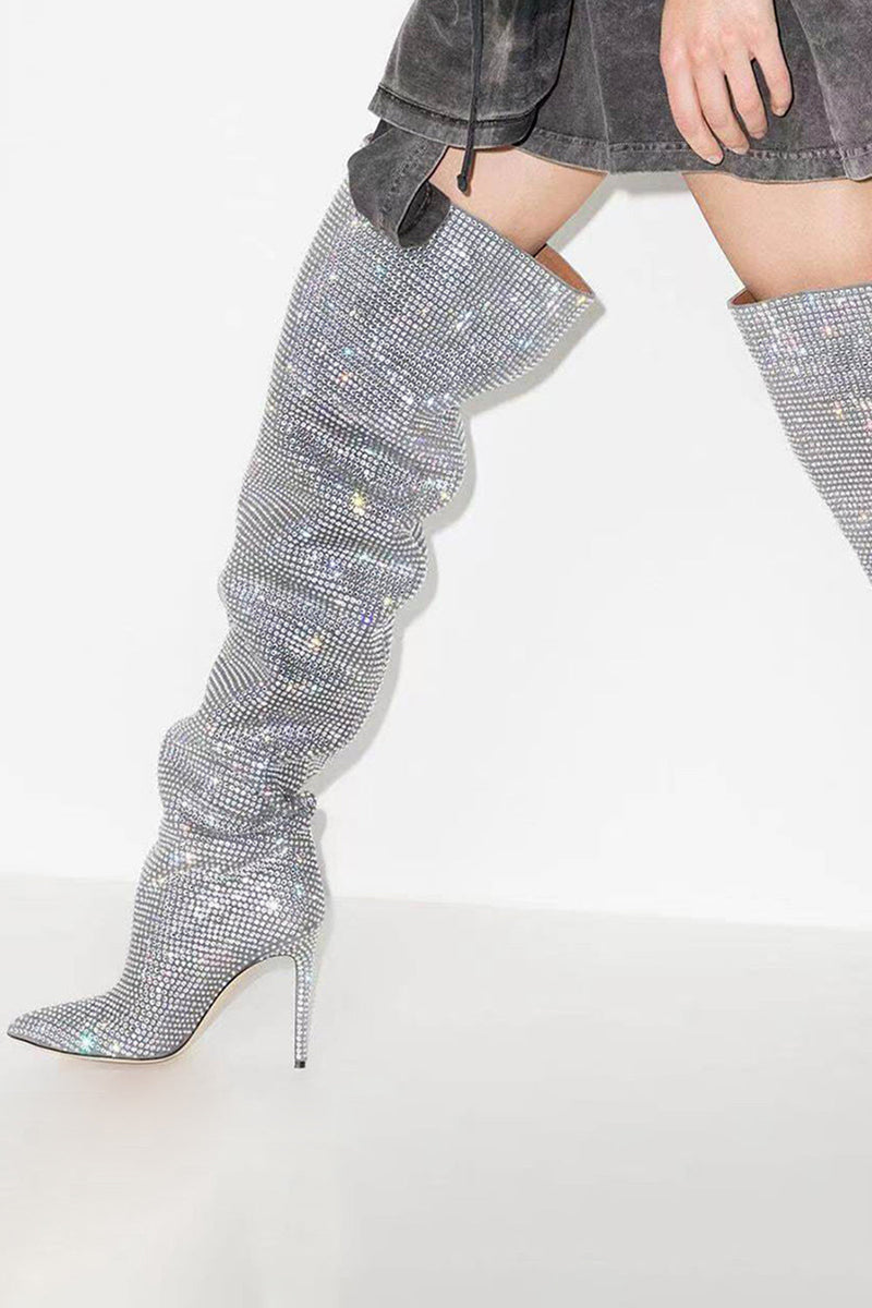 Load image into Gallery viewer, Sparkly Silver Stilettos Prom Sequin Thigh Boots