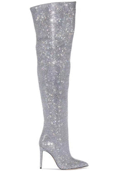 Sparkly Silver Stilettos Prom Sequin Thigh Boots