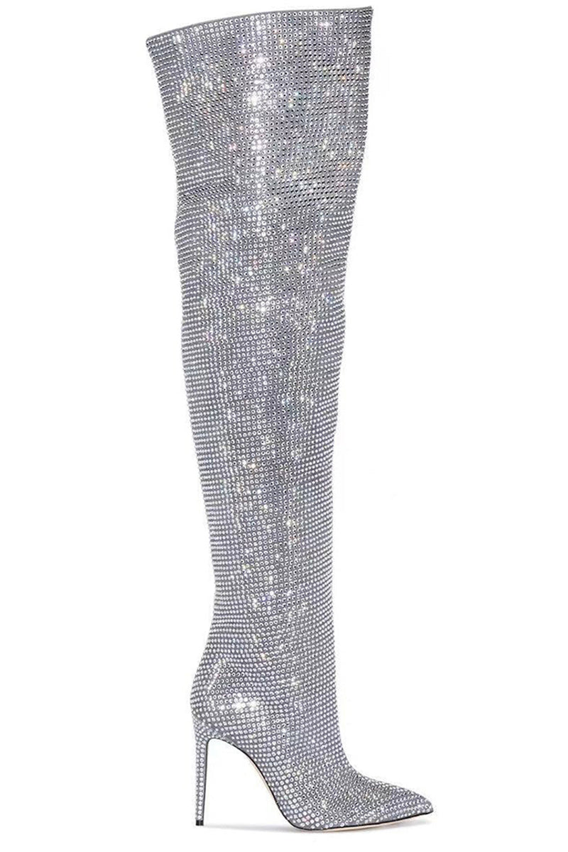 Load image into Gallery viewer, Sparkly Silver Stilettos Prom Sequin Thigh Boots