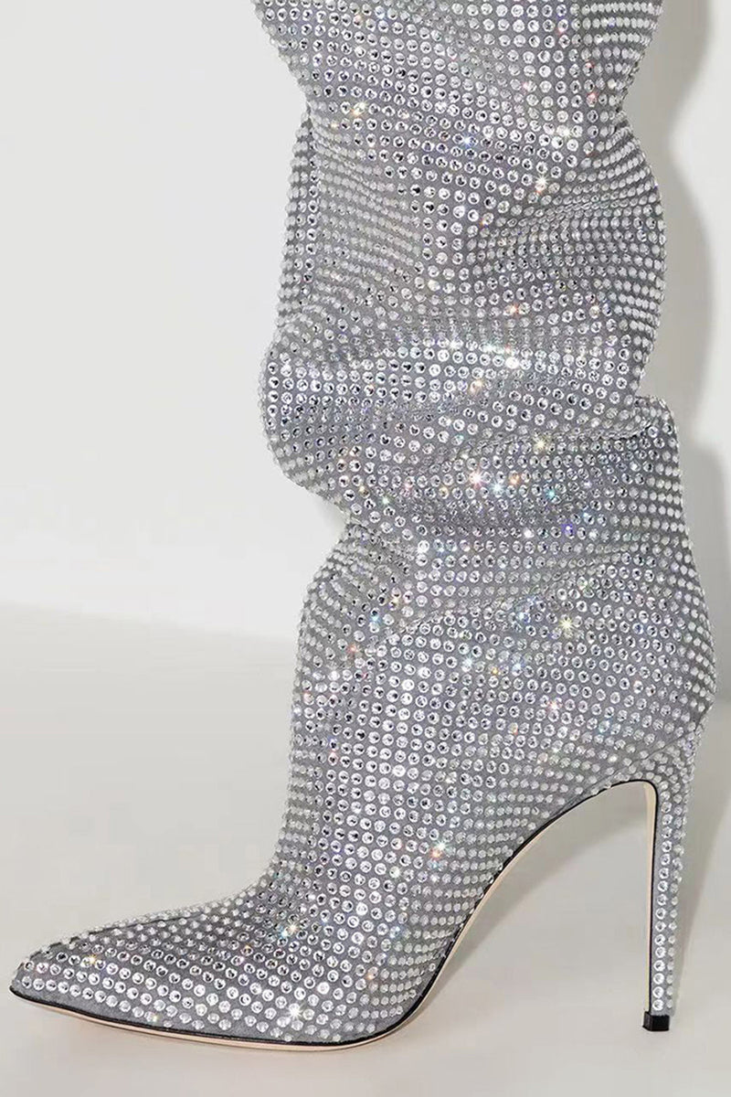 Load image into Gallery viewer, Sparkly Silver Stilettos Prom Sequin Thigh Boots