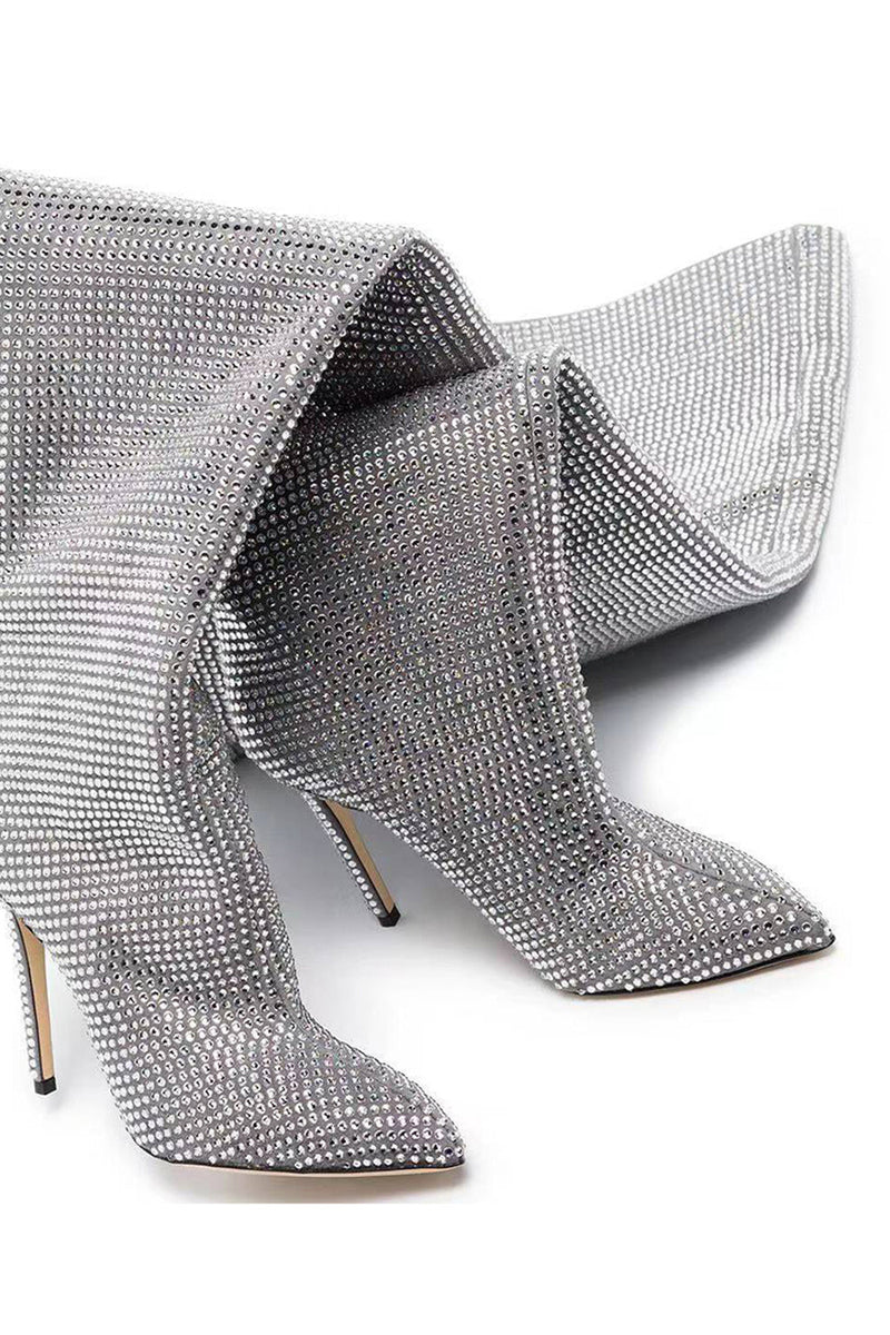 Load image into Gallery viewer, Sparkly Silver Stilettos Prom Sequin Thigh Boots