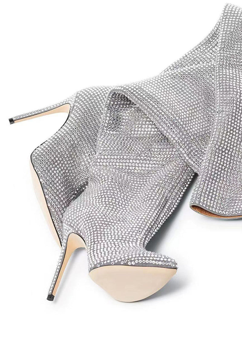 Load image into Gallery viewer, Sparkly Silver Stilettos Prom Sequin Thigh Boots