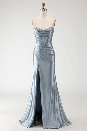Sparkly Grey Blue Mermaid Long Beaded Corset Prom Dress with Slit