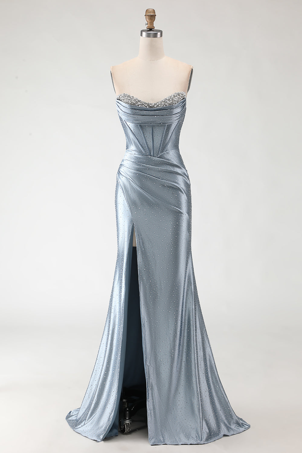 Sparkly Grey Blue Mermaid Long Beaded Corset Prom Dress with Slit
