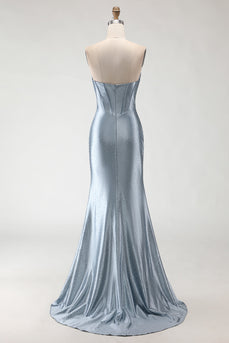 Sparkly Grey Blue Mermaid Long Beaded Corset Prom Dress with Slit