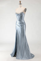 Load image into Gallery viewer, Sparkly Grey Blue Mermaid Long Beaded Corset Prom Dress with Slit