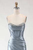 Load image into Gallery viewer, Sparkly Grey Blue Mermaid Long Beaded Corset Prom Dress with Slit