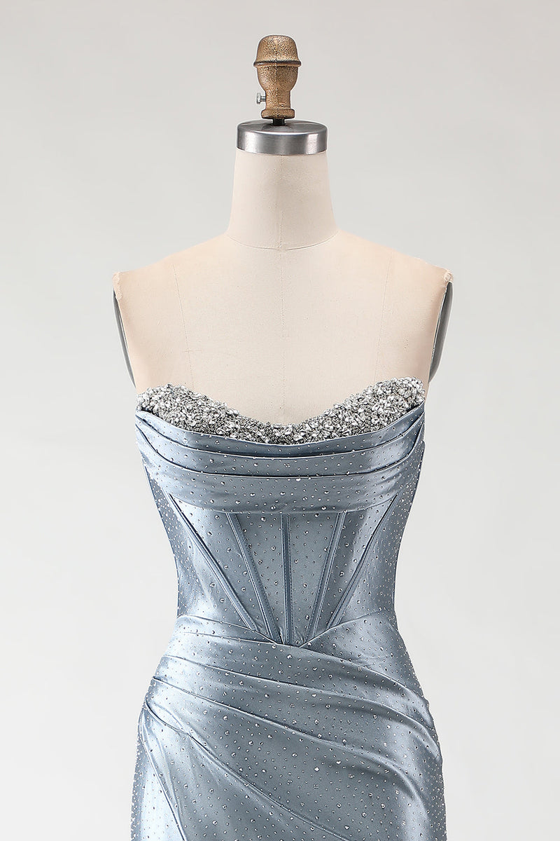 Load image into Gallery viewer, Sparkly Grey Blue Mermaid Long Beaded Corset Prom Dress with Slit