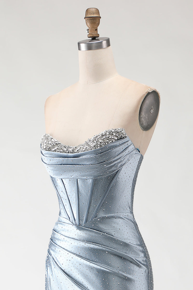 Load image into Gallery viewer, Sparkly Grey Blue Mermaid Long Beaded Corset Prom Dress with Slit